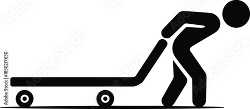 A black stick figure struggles to push a heavy flatbed cart with four wheels across the ground