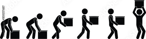 A clear sequence of black stick figures demonstrating the correct ergonomic method for safely lifting and carrying a box