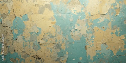 Old concrete wall with peeling yellow and turquoise paint creating a textured backdrop for layout or signage, emphasizing durability