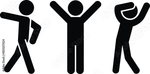 A collection of three simple black stick figures expressing various human gestures and emotions