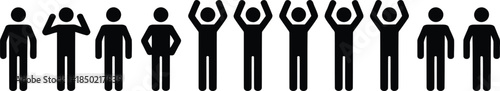 A diverse line of ten black stick figures showing different human gestures including several with raised arms