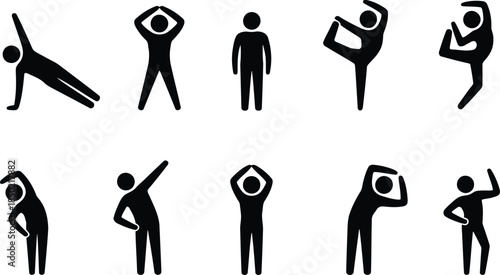 A group of black stick figures demonstrating various fitness and stretching exercises on a plain white surface
