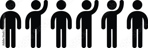 A row of six black stick figures showing people standing and some waving their hands