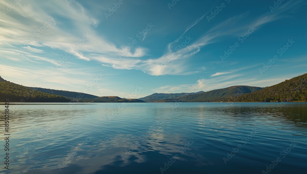 Obraz premium Wide-angle landscape of a lake under bright sunlight, highlighting scenic water and sky