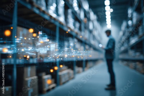 Businessman Using Smartphone with Digital Twin Data Visualization in Modern Warehouse Storage