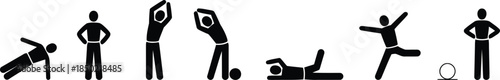 A series of seven black stick figures performing different physical exercises and active poses