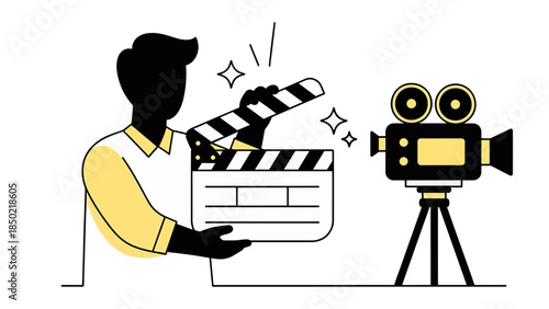 Film crew capturing cinematic magic with clapperboard and vintage camera