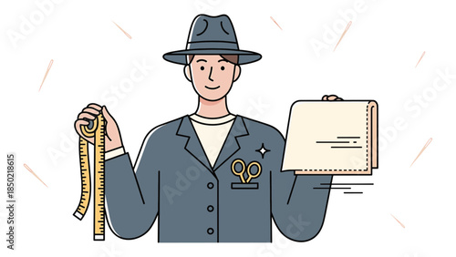 Tailor holding measuring tape and fabric with scissors on lapel