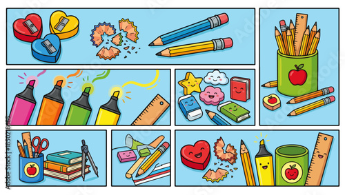 Cartoon School Supplies Collage Set, cartoon pencil, eraser cute, sharpener heart, school doodle, apple icon, highlighter fun, ruler sketch, classroom art, back2school, colorful stationery, pencil png