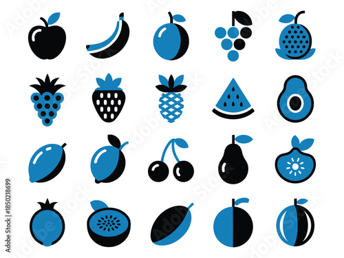 Colorful fruit illustration in blue and black, featuring various fruits arranged in a grid format.