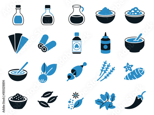 An assortment of condiments and spices in blue and black icons, showcasing culinary essentials for cooking.
