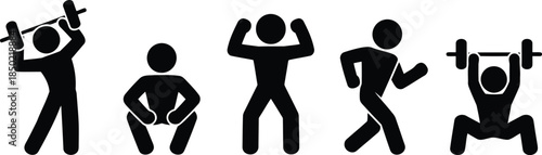 Five black stick figures performing various fitness exercises including weightlifting, squats, and running workouts