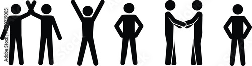 Five black stick figures showing different social interactions and human poses