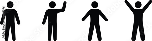 Four black minimalist stick figures demonstrate different human poses on a plain white background