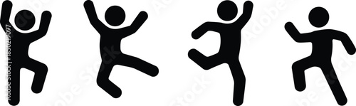 Four black stick figures demonstrating various spirited jumping and active movement poses