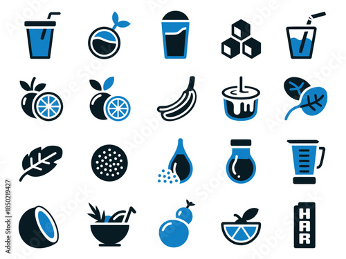 Iconic collection of fruits and beverages illustrated in a modern, minimalist style, emphasizing freshness and health.