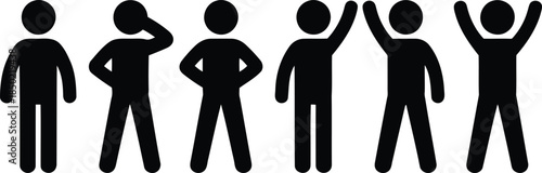 Six black human stick figures demonstrating different body poses including standing, thinking, and raising hands