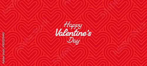 Happy Valentines Day text on red heart pattern background seamless graphic. Love and romance poster design for social media.