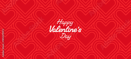 Happy Valentine’s Day greeting card with seamless hearts pattern on red background. Love and romance concept for holiday banner or poster.