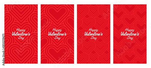 A set of red Valentines Day story templates with heart patterns and text. Holiday background collection for social media, love message concept.