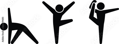 Three black stick figures demonstrating different yoga and stretching poses on a clean white background