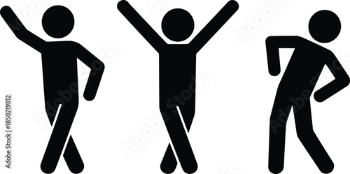 Three black stick figures displaying playful and expressive body language with crossed limbs