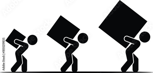 Three black stick figures illustrating the burden of carrying different sized heavy boxes or packages