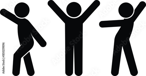 Three black stick figures in dynamic and expressive poses suggesting movement, dance, or celebration