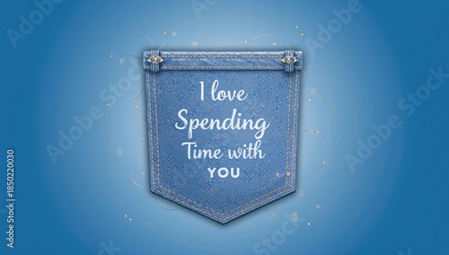 Close-up of a denim jeans pocket featuring handwritten text love spending Time with you , casual fashion detail