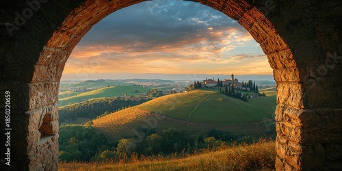 Arch viewpoint overlooking rolling hills in Tuscany highlighting regional erosion risk, Earth Day