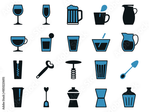 Stylized icons of various drinkware and bar tools in blue and black, perfect for a beverage-related design.
