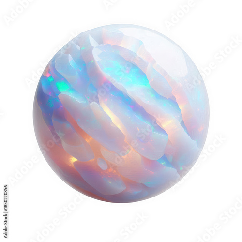 A large white opal gemstone with colorful iridescent hues on transparent background