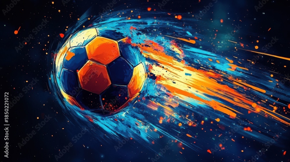 Fototapeta premium A vibrant soccer ball hurtles through space, leaving trails of blue and orange energy in its wake