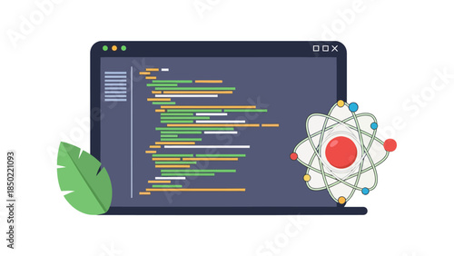 Computer screen displaying code with an atom icon and a leaf