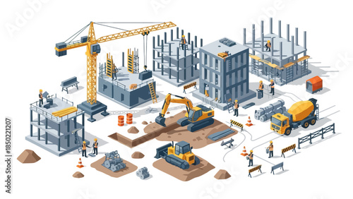 Construction site with crane excavators concrete mixer and workers