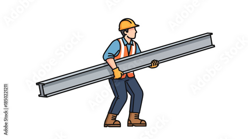 Construction worker carrying a steel beam