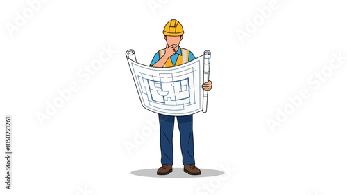 Construction worker in hard hat reviewing blueprints