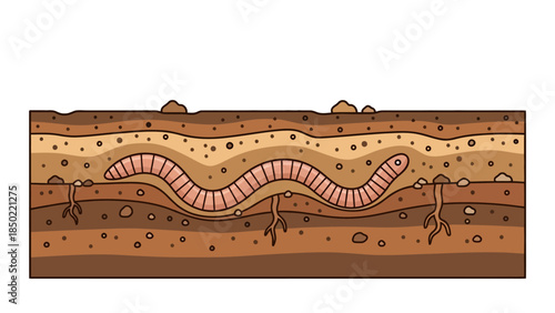 Crosssection of soil with an earthworm and roots
