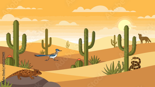 Desert landscape with roadrunner lizard snake coyote and saguaro cacti under a cloudy sunset