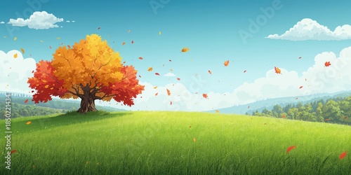 Animated fall landscape with trees and rolling hills, used as a background for editorial or design purposes, Autumn Equinox
