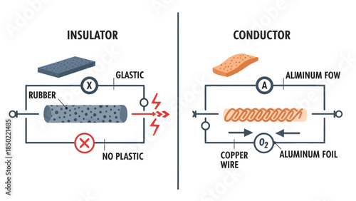 Diagram comparing electrical insulators and conductors with circuit representations