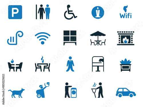 A collection of blue and black icons representing various amenities and services like parking, WiFi, and seating areas.