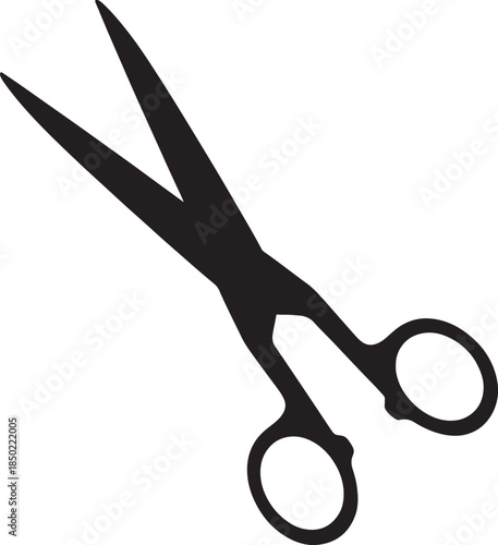 A simple black silhouette of open scissors angled diagonally, conveying the concept of cutting or division also transparent background