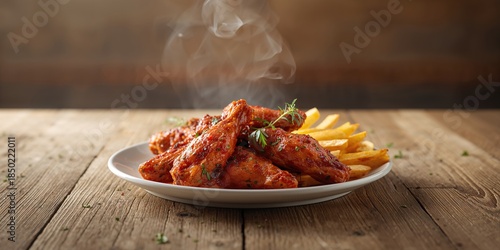 Spicy peri peri chicken with side fries, highlighting food presentation and seasoning