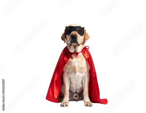 Confident Labrador Superhero with Flowing Red Cape, Front-Facing Hero Pose, isolated on transparent background