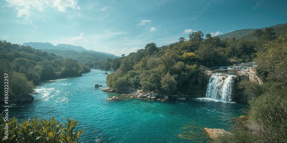 Fototapeta premium Island scenery with flowing river and waterfalls, highlighting erosion processes and natural landscape features