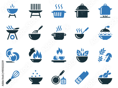 A collection of cooking icons in blue tones, showcasing various culinary tools and food preparation techniques.