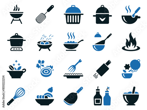 A collection of kitchen and cooking icons in dark blue and light blue, showcasing various cooking tools and dishes.