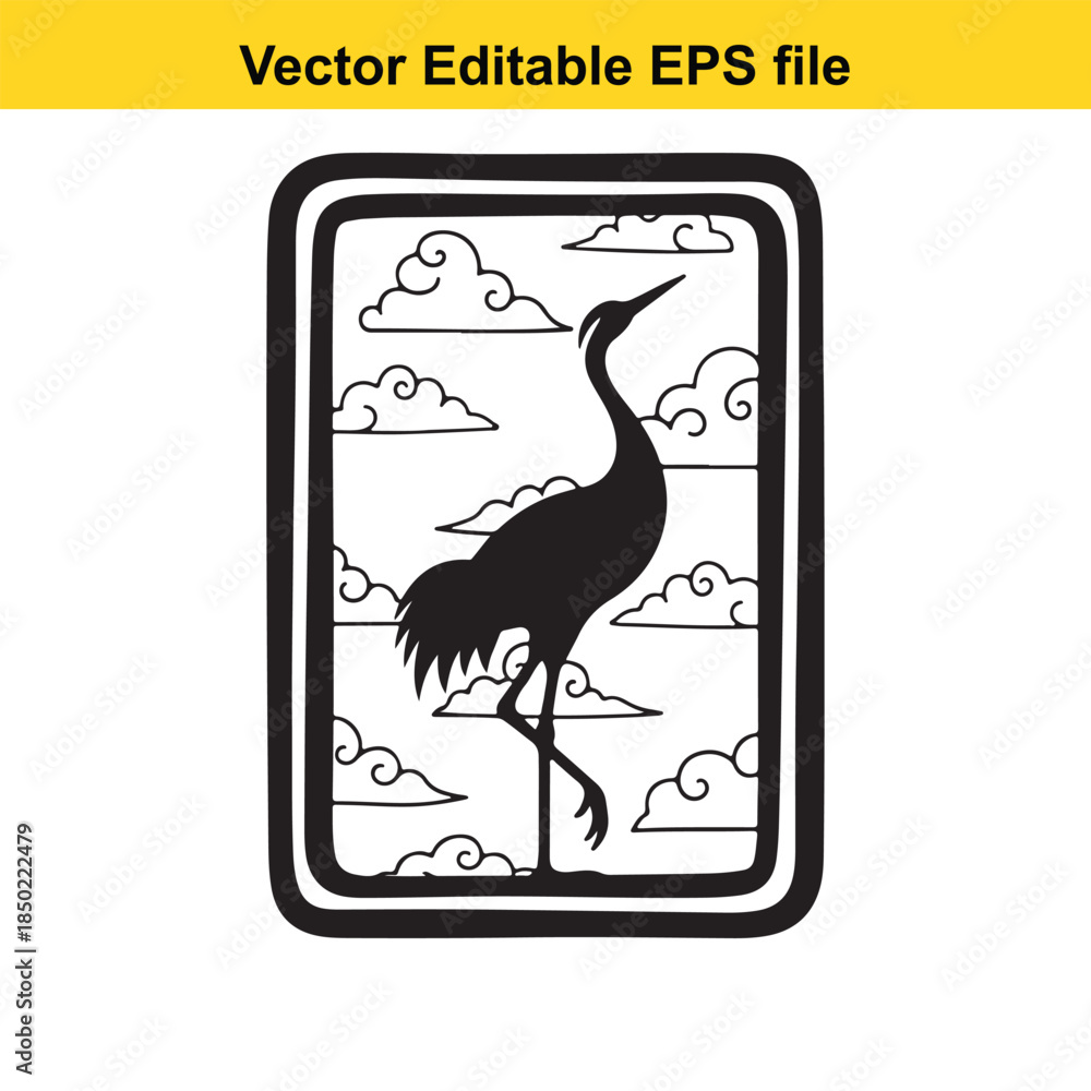 Naklejka premium vector editable file of a crane silhouette with clouds in a rectangular frame