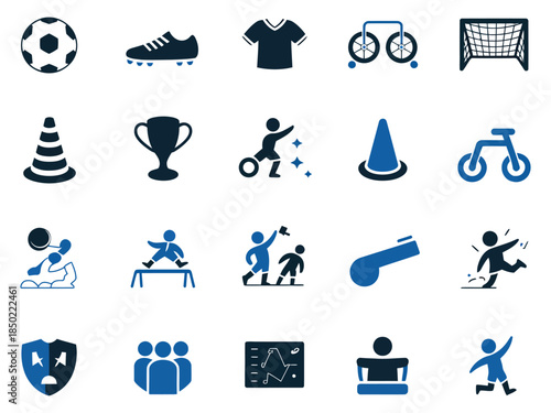 Sport-themed icons featuring various activities and equipment for athletes, emphasizing competition and teamwork.